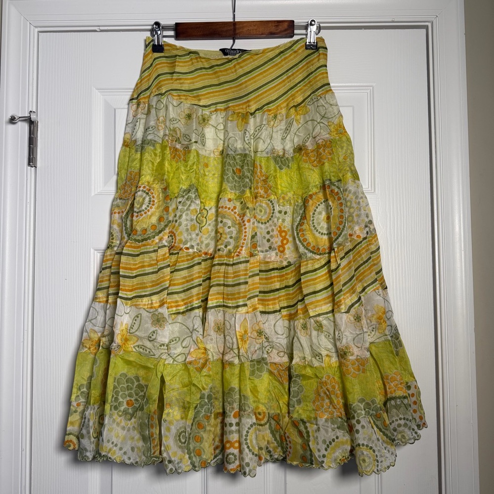 100% Silk Boho Raw Hem Green & Yellow Vibrant Floral design Midi Skirt
